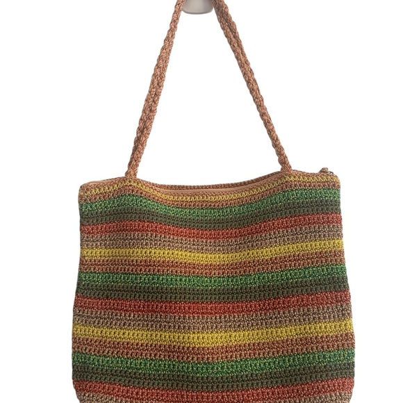 The Sak Belle Crochet Tote Striped Multicolor Boho Hippie Hobo Striped Knit Bag - Picture 12 of 13